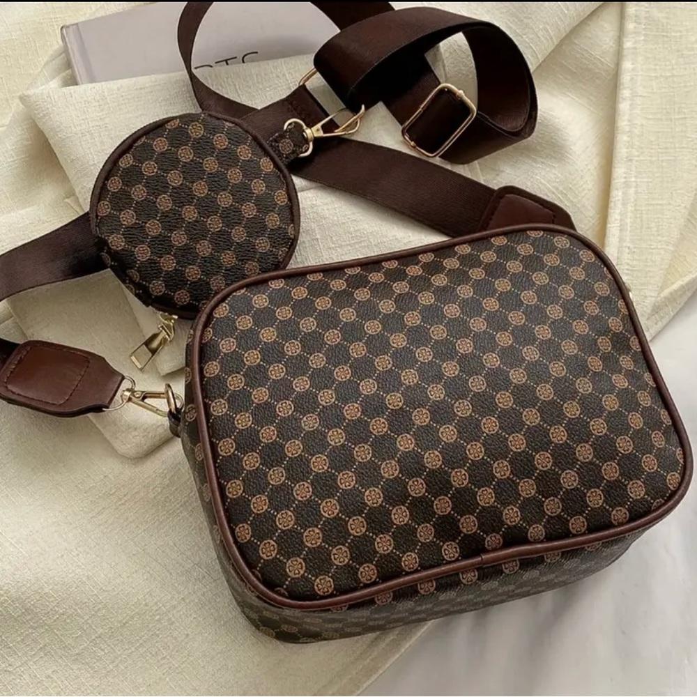 Two Piece Fashion Print Crossbody Bag, Coffee Brown Print, PU Leather New!